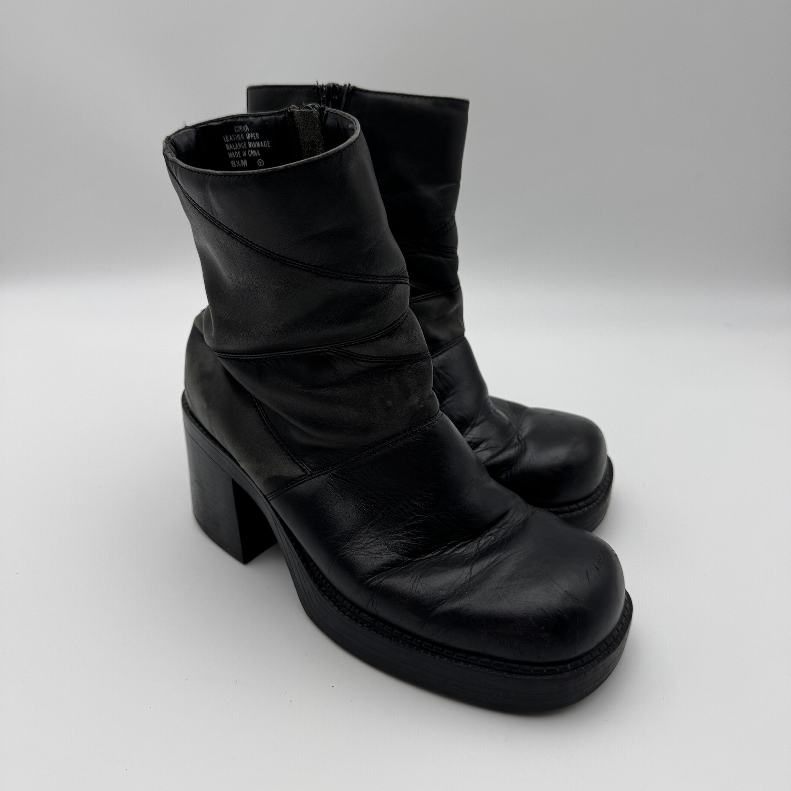 Prima Royale Corkin Black Leather Chunky Platform Ankle Boot 8.5M Square Toe Y2K