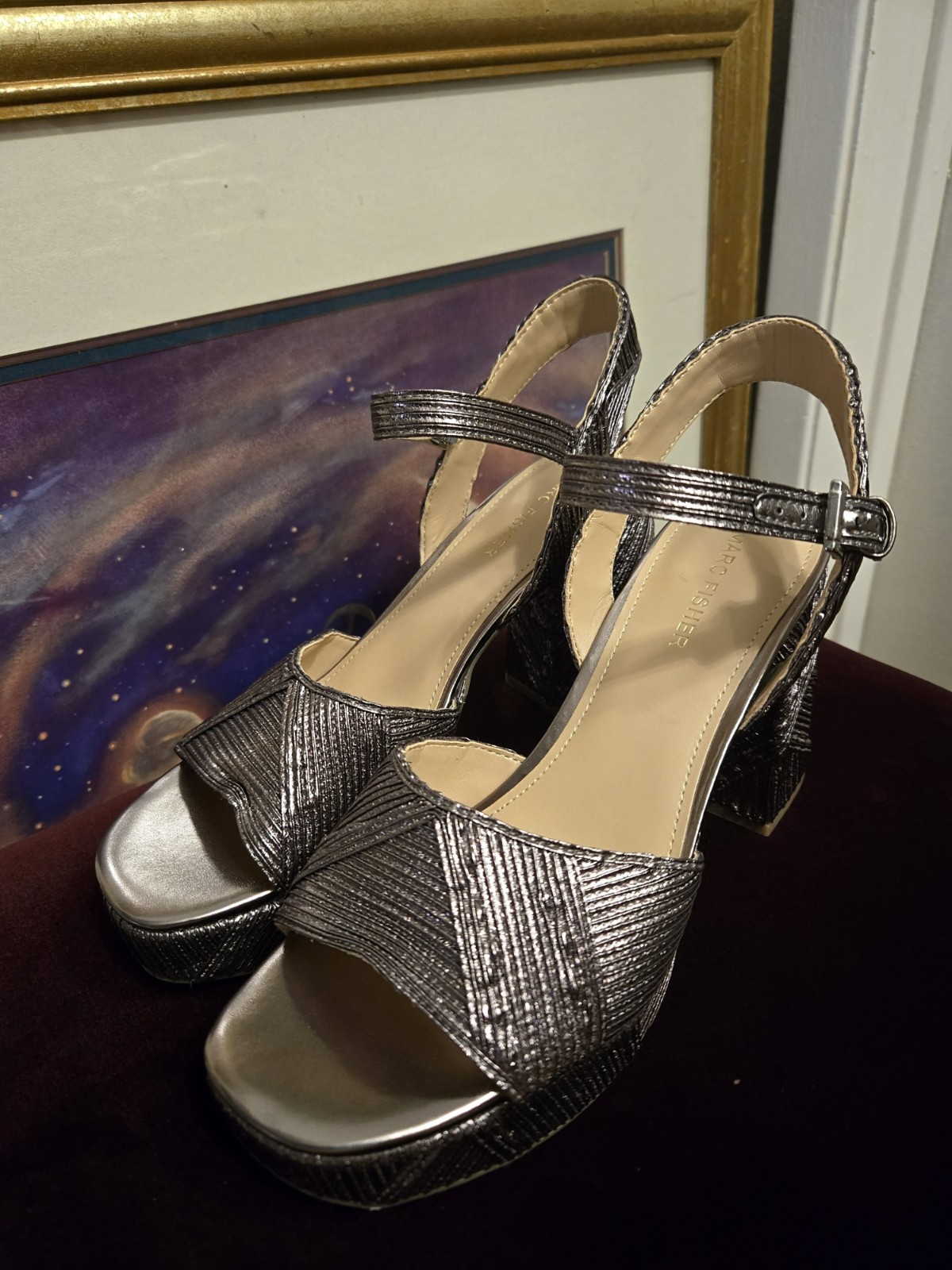 Marc Fisher Women’s Seleny Metallic High Block Heel Platform Sandals Size 9