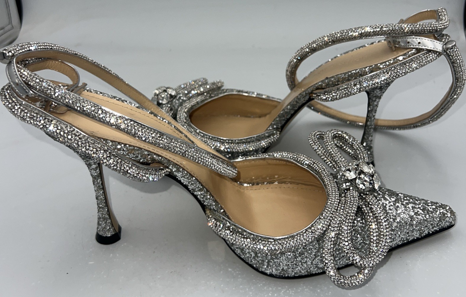Mach & Mach Double Bow Glitter Crystal Embellished Heels Leather Women’s EU 39.5