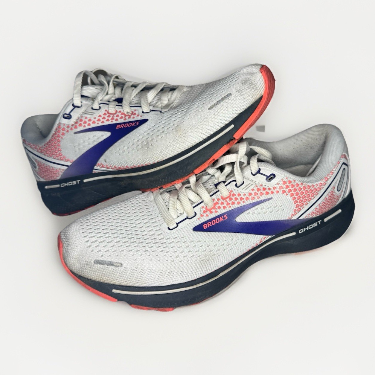 Brooks Ghost 14 Athletic Running Shoe Sneaker Womens Sz 9 White/Purple/Coral