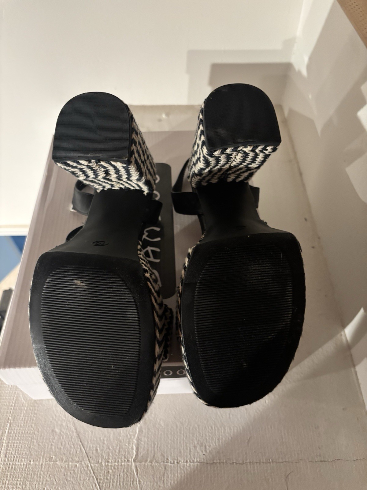Bamboo Women’s Size 10 Black White Chevron Platform Open Toe Ankle Strap Heel