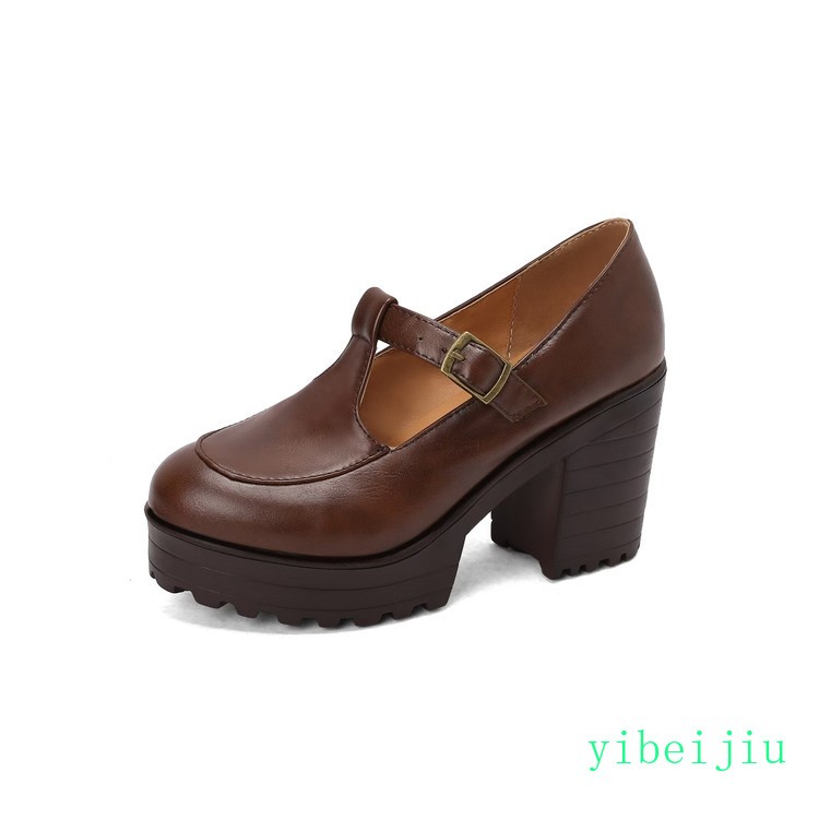 Women’s Mary Janes Leather Shoes High Thick Heel Platform T Strap Retro Vintage
