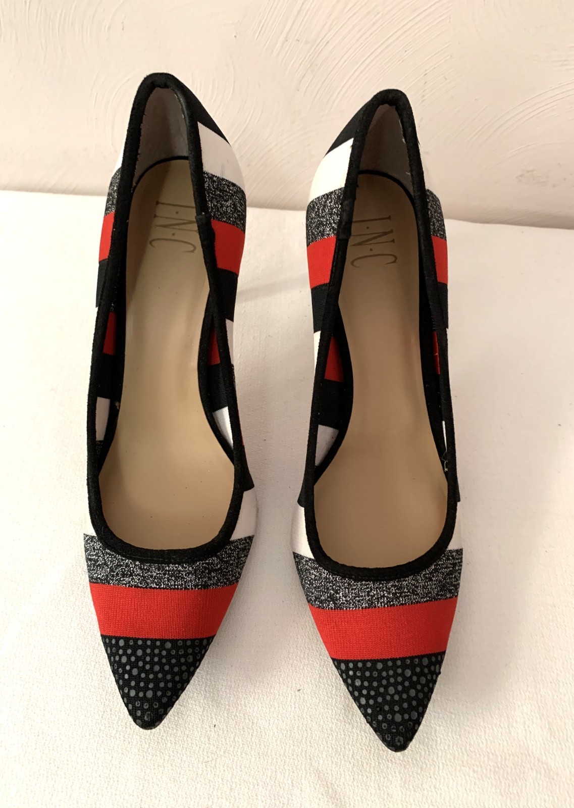 INC Women’s Size 9M Black, Gray, Red Fabric Covered Stilletos With Sparkle