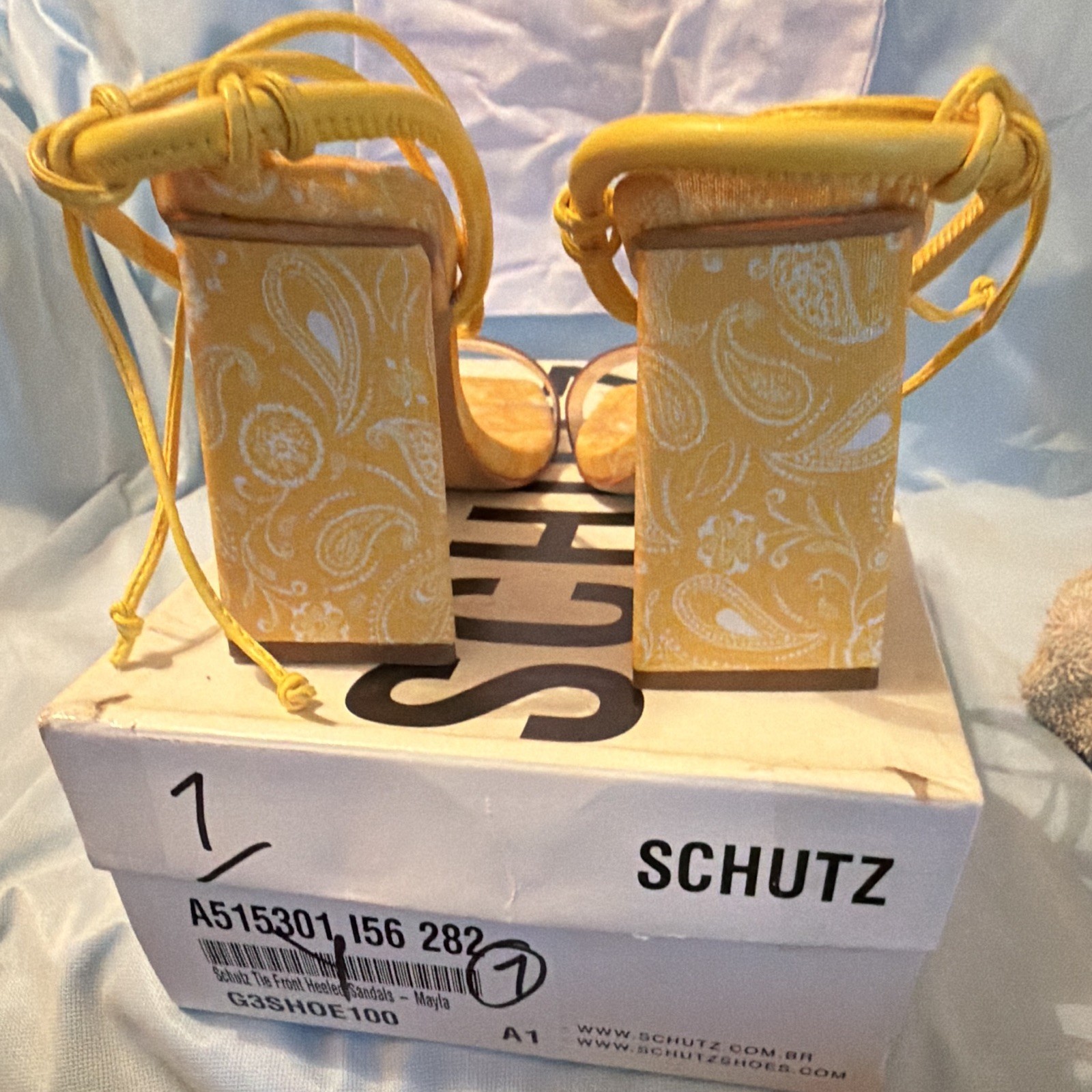 Schutz Yellow/Clear Paisley Tie Ankle Strap Sandals Women’s US 7