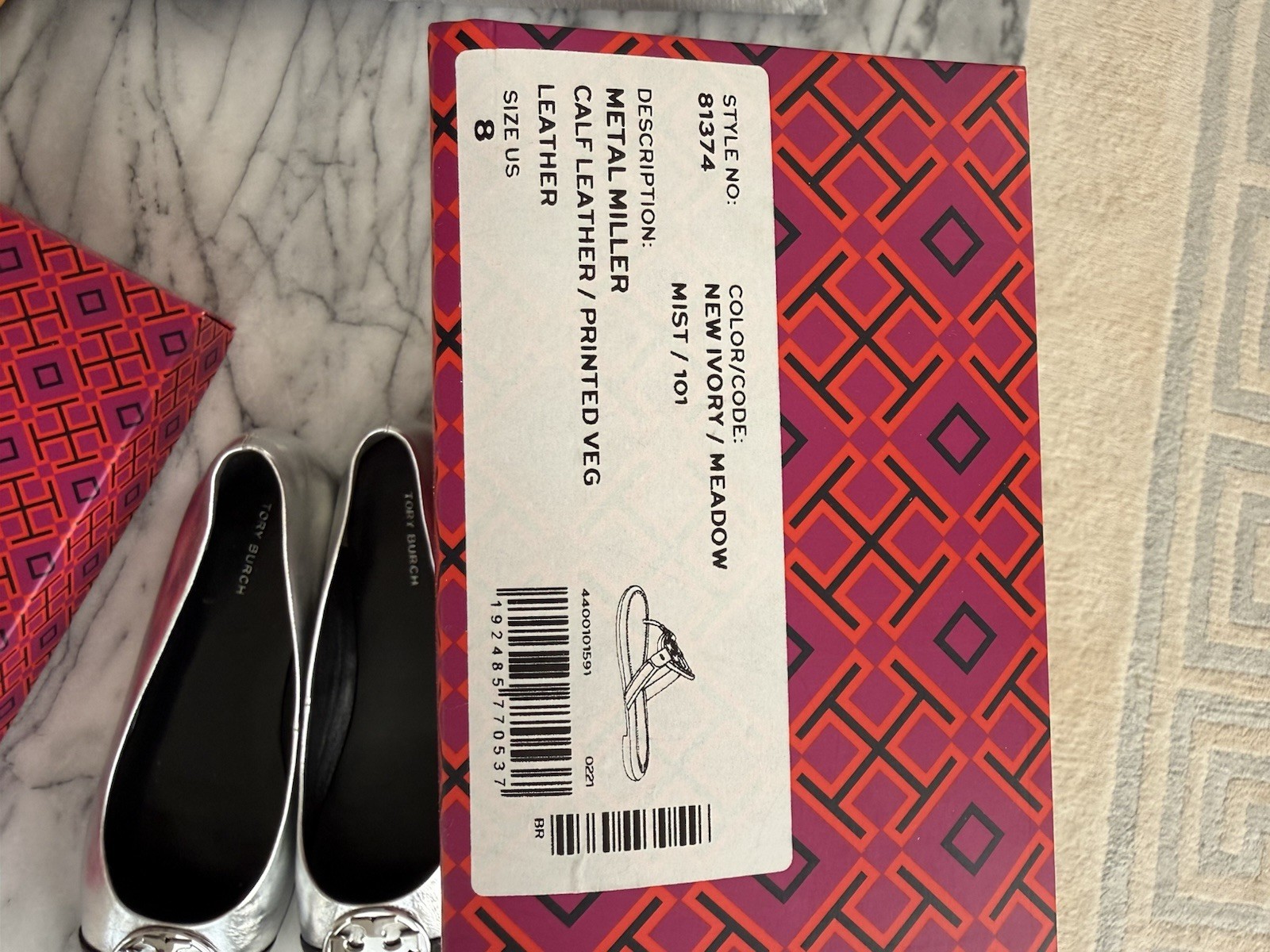 Tory Burch Silver /Black Leather Cap Toe Double T Bow Ballet Flats Sz 8 -NEW