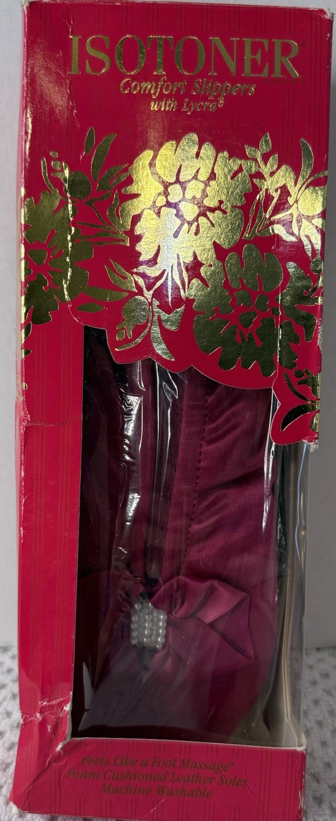 Vintage 1992 Isotoner Comfort Slippers Beaded Bow Fuchsia M 6.5-7.5 NOS NIB