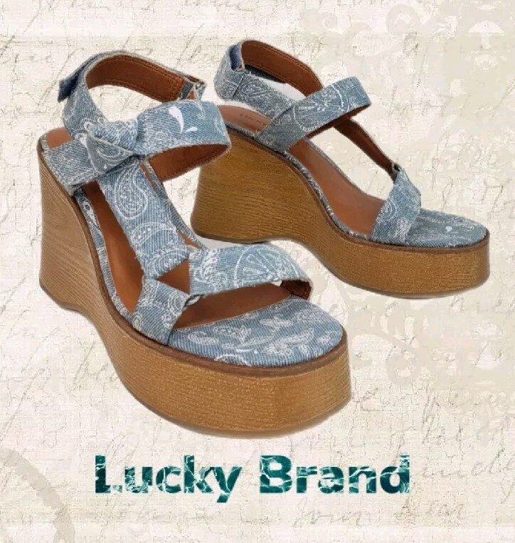 Lucky Brand Demmia Womens Blue White Paisley Denim Platforms Sz 7 Hippie Boho