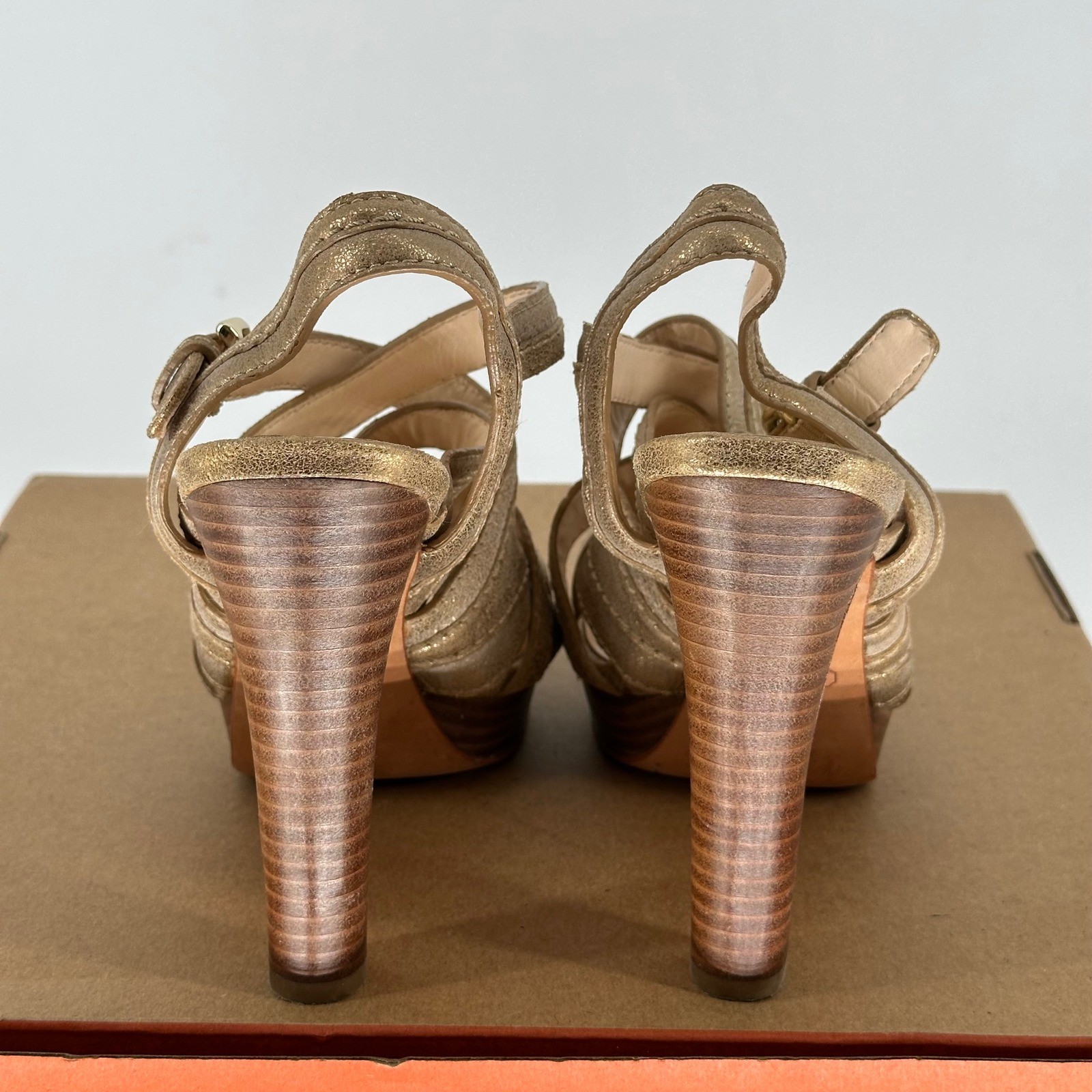 Coach Brynne Gladiator Metallic Gold Platform High Heels Ankle Strap Women’s 6 B