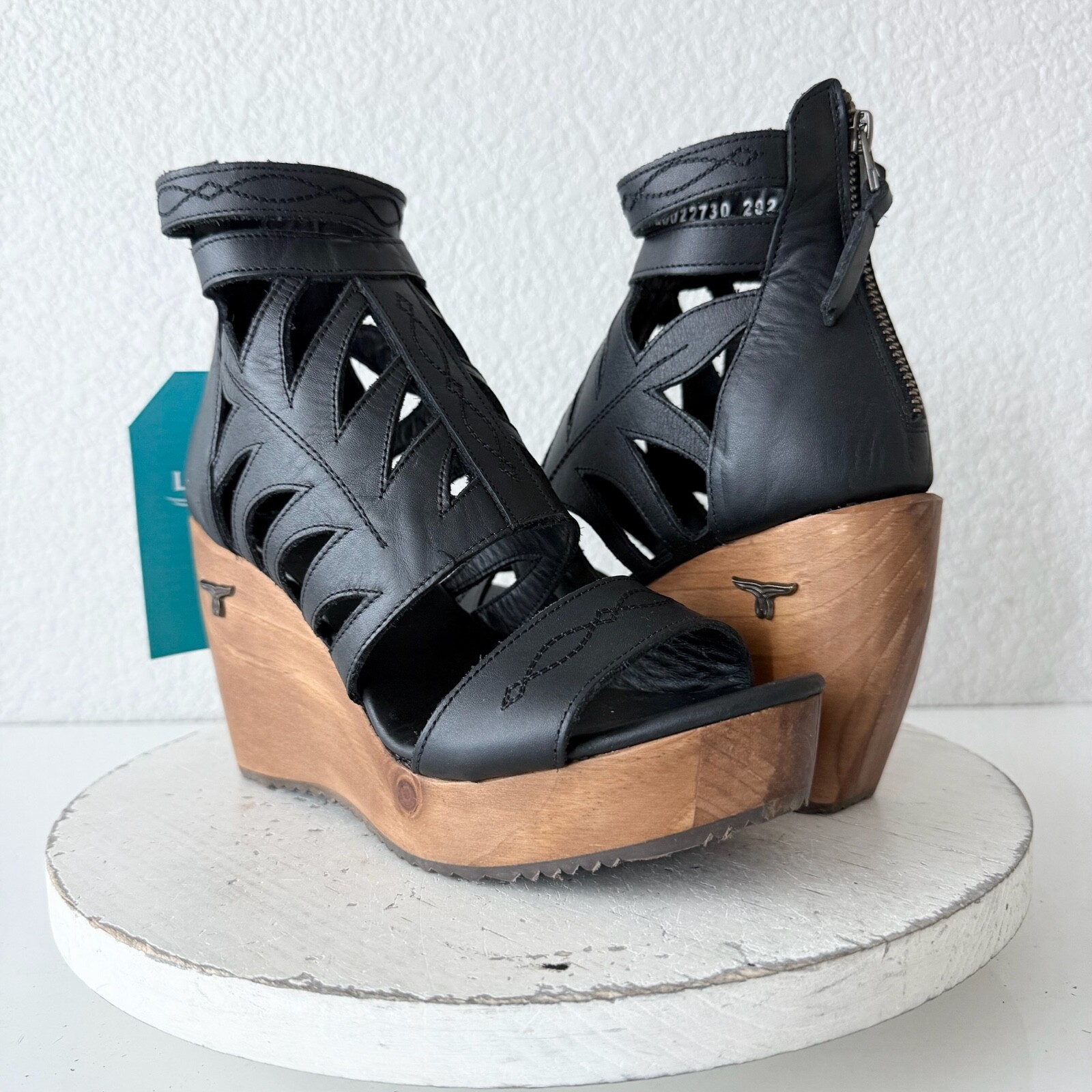 NEW Lane Boots BECCA Womens Black Wedges Western Sandals Leather Wooden Heel 6