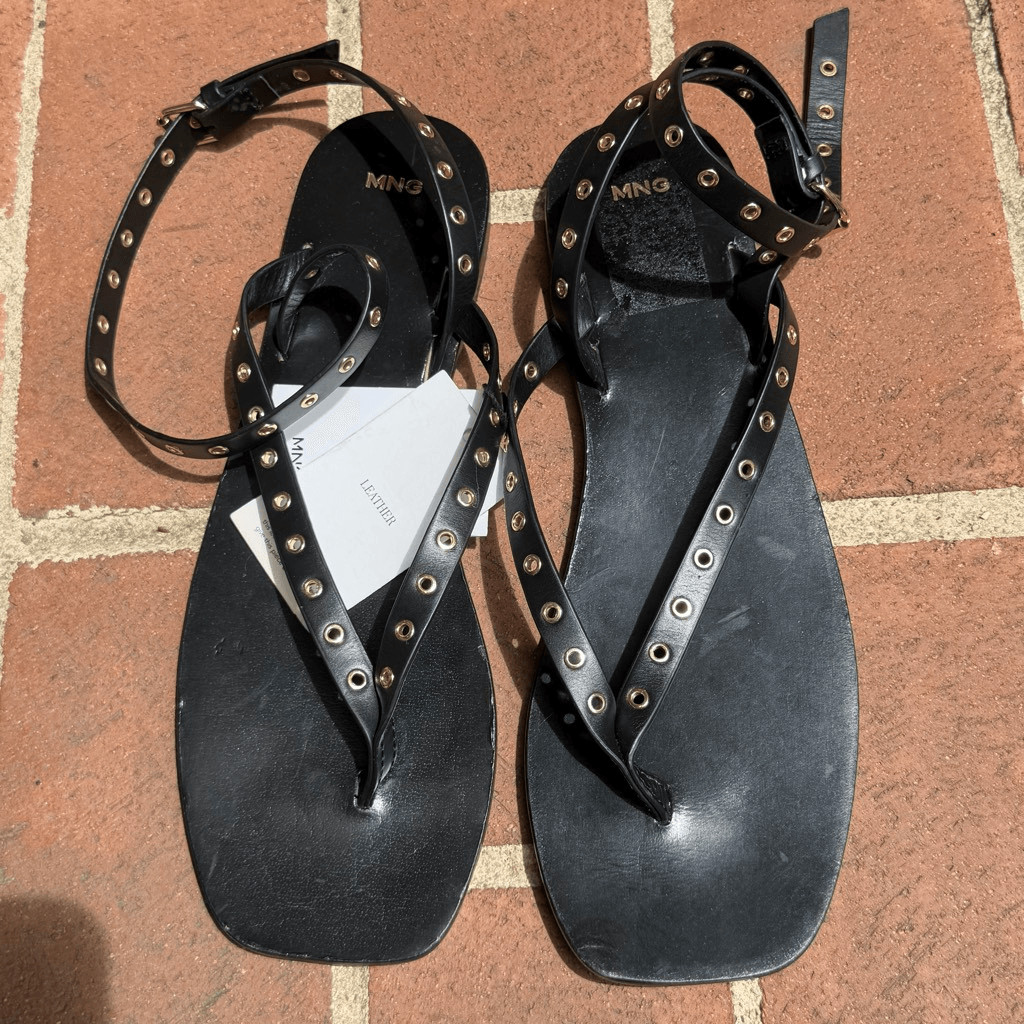 MNG by Mango Leather Eyelet Strappy Square Toe Sandals Black 41 NWT