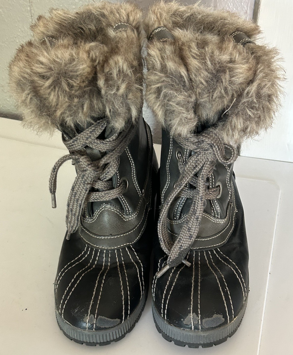 Women’s London Fog Milly Snow Rain Boots Black Charcoal Size 11 Faux Fur Snow