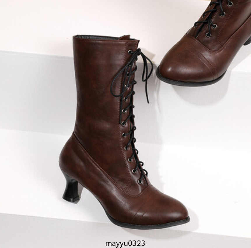 Vintage Womens Mid Kitten Heel Lace Up Faux Leather Ankle Boots Shoes Biker Hot