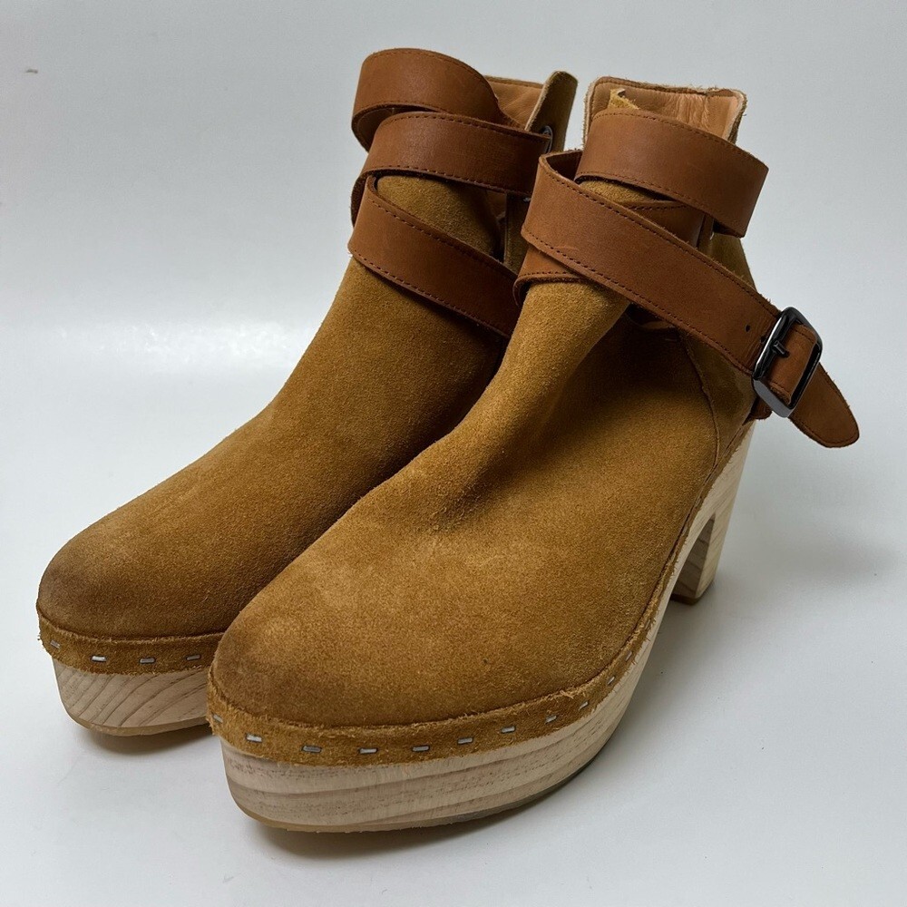 Free People Suede Wooden Clogs 10 Festival Boho Hippie Retro Tan Leather Boots
