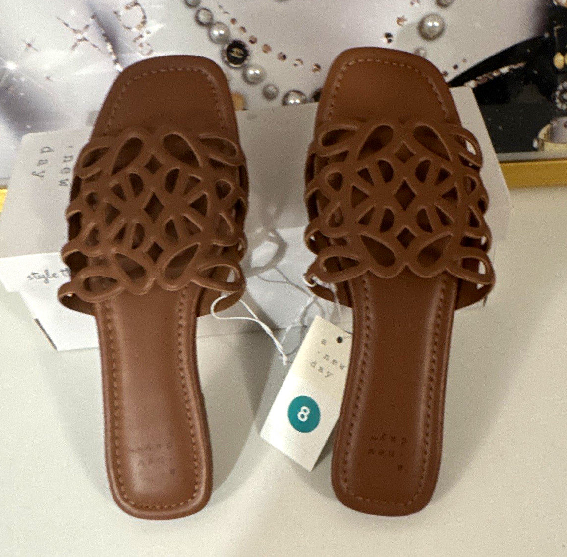 A New Day Women’s Brown Leather Cut-Out Slide Sandals Slip-On Flat US 8.5