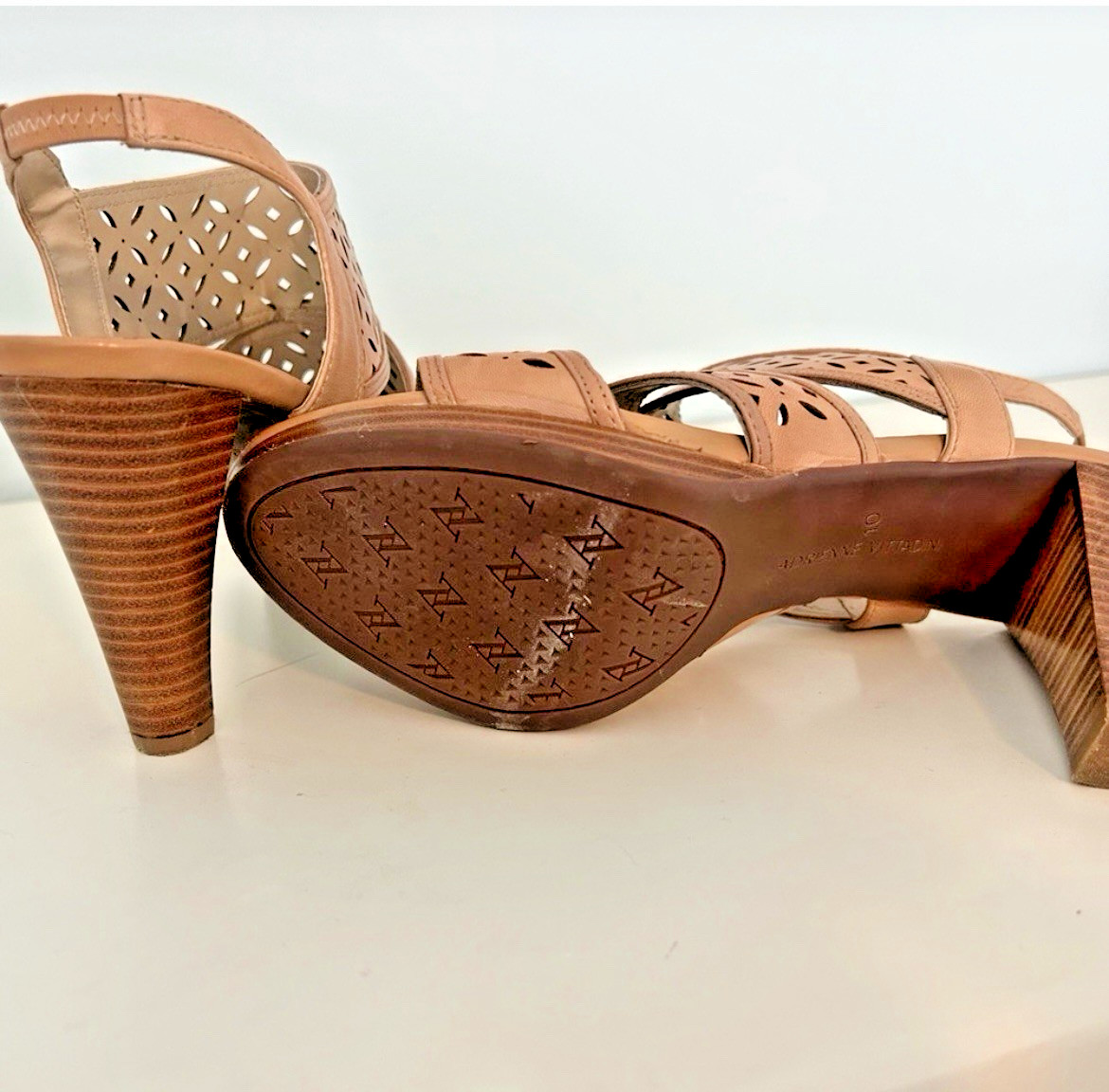 Adrienne Vittadini tan block heeled three strap sandals with cut outs. Size 10