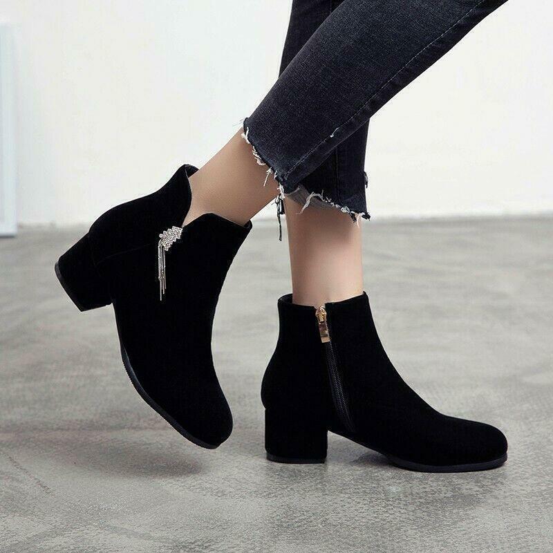 Womens Ankle Boots Round Toe Rhinestone Chunky Heel Side Zip Shoes 50/51/52 Hot