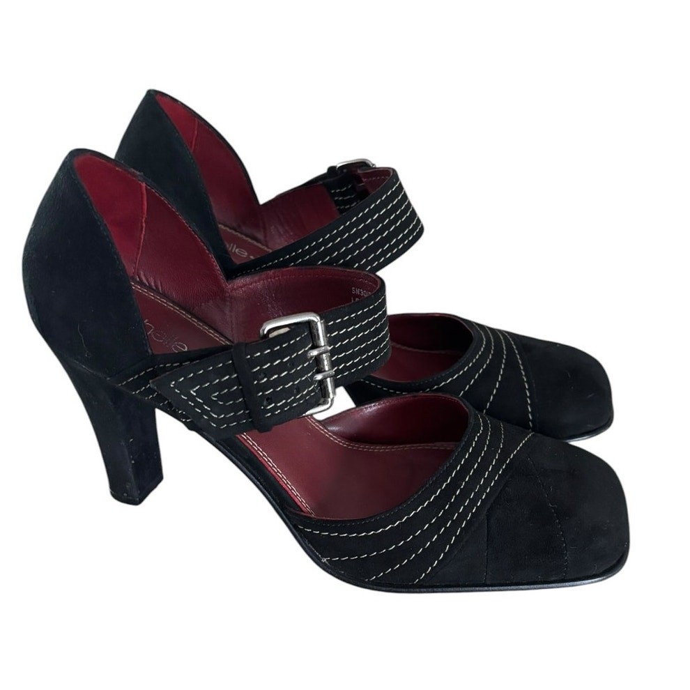 Vintage Michelle K Ankle Strap Heels Size 8.5 Black Suede Whipstitch Dance