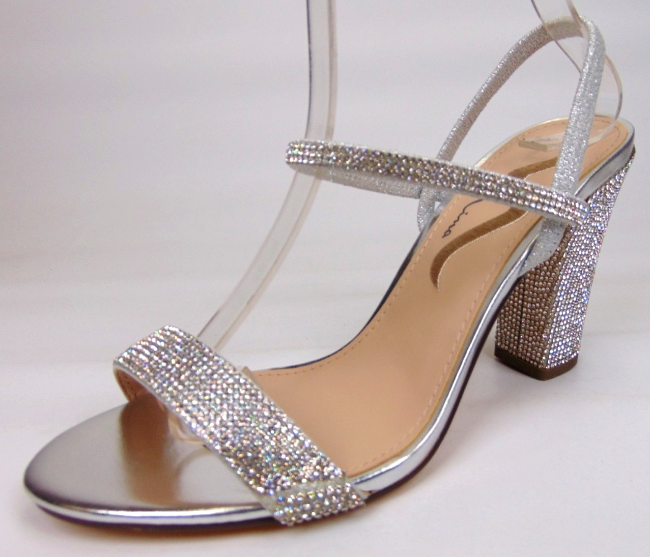 Nina Sanchia Evening Heels Sandals Womens Size 8.0 Med Rhinestone Silver Strappy