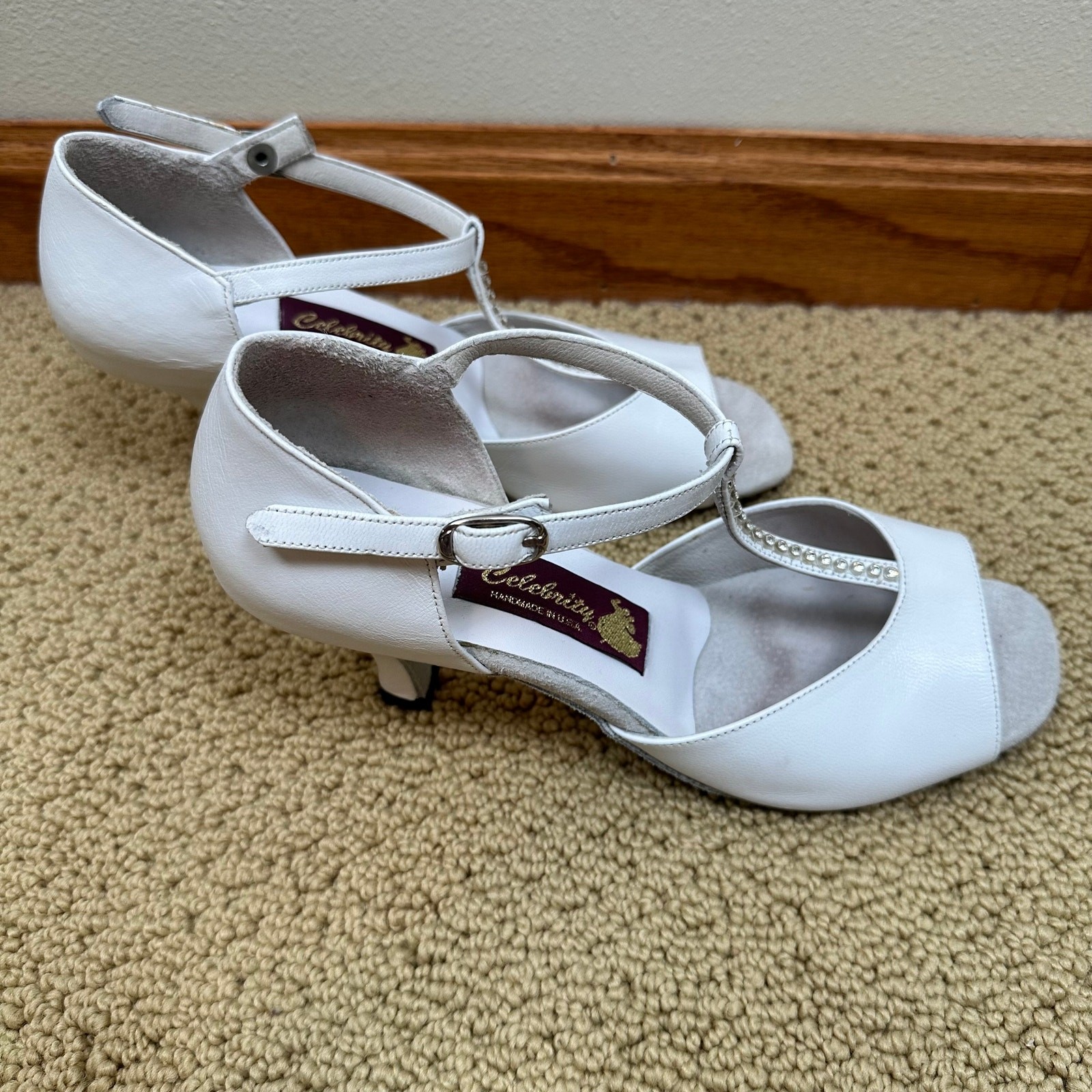 Celebrity Womens Dance Shoes Ballroom Latin T- Strap Heels Rhinestones White 9.5