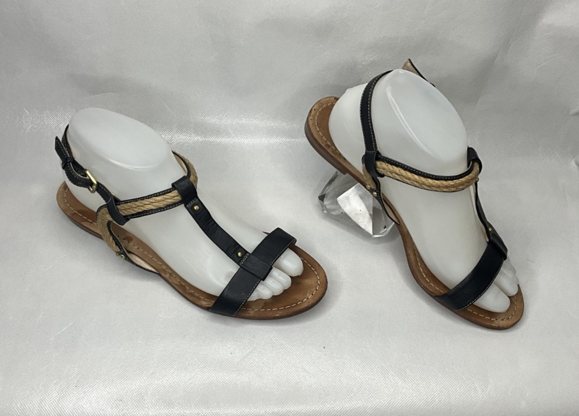 Brooks Brothers Navy Blue Leather Braided T-Strap Sandals Women’s Size 8