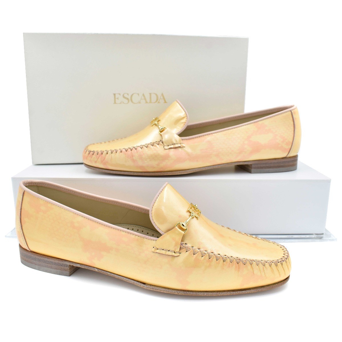 New $300 Escada Melon Orange/Coral Snake Print Patent Leather Loafers Flats sz 9