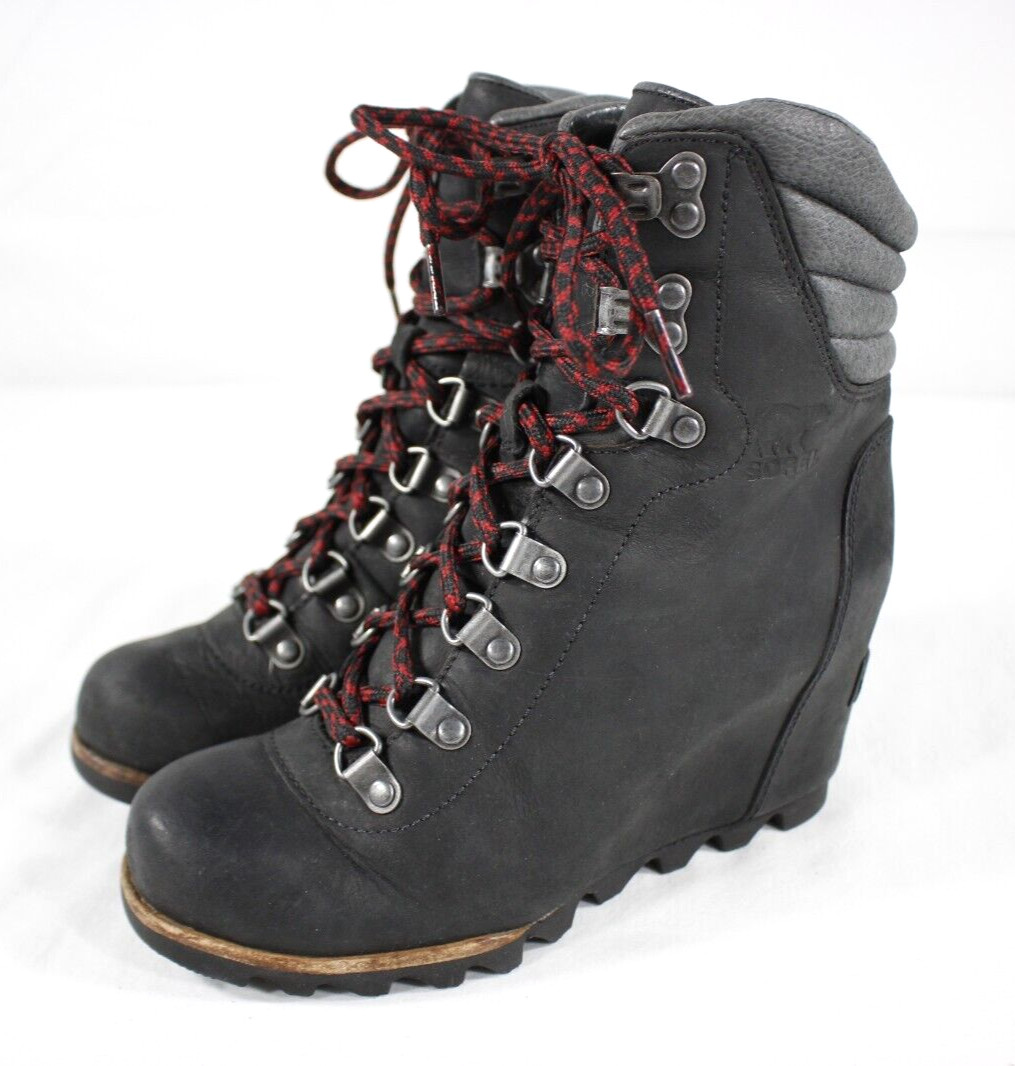 Sorel Boots Women’s 5.5 Conquest Wedge Ankle Hidden Heel Leather NL2337 Black