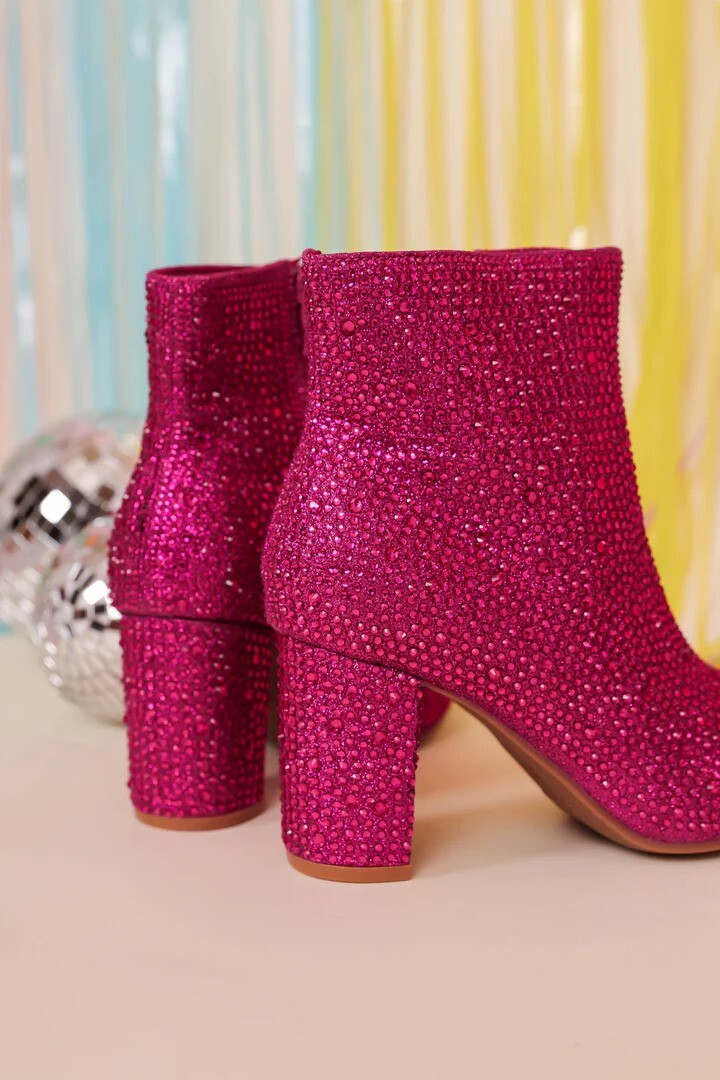 New Fuchsia Hot Pink Rhinestone Embellished Bling Ankle Boots Booties Block Heel