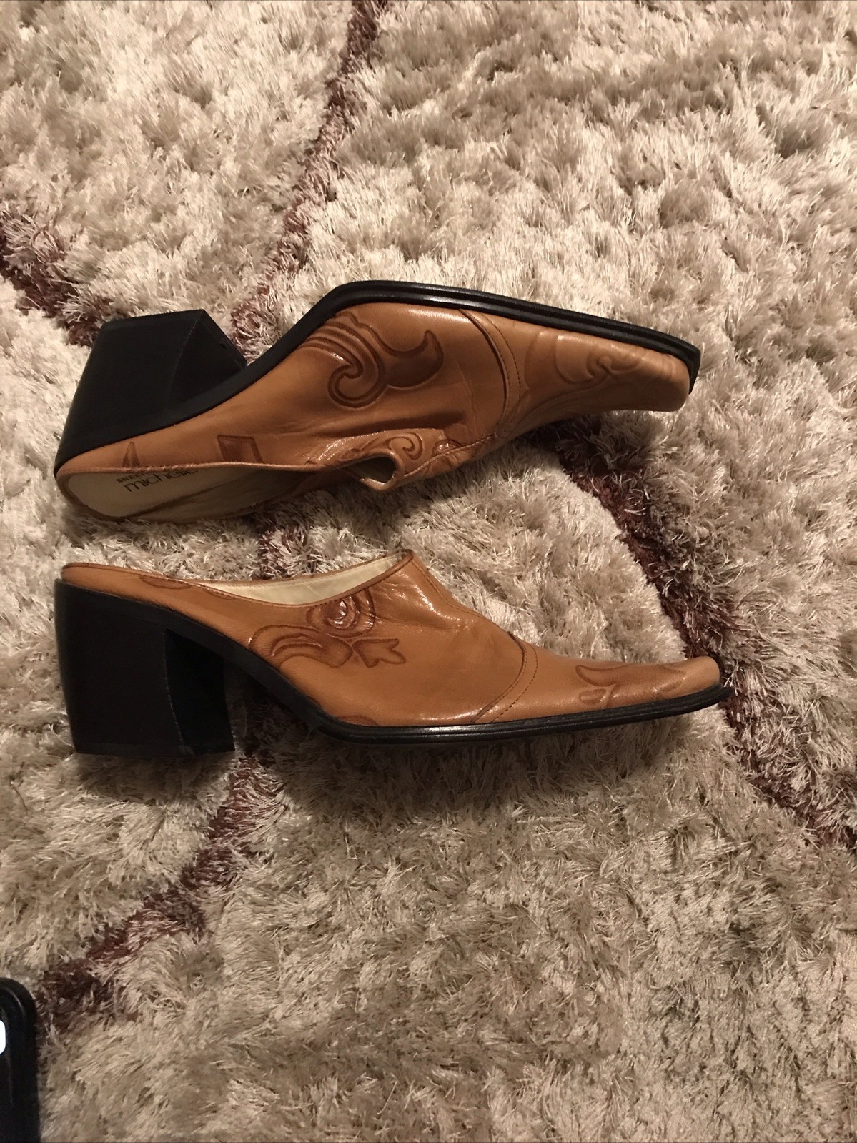 Michelle K Stamped Leather Healed Mules Square Toe Brown Size 9
