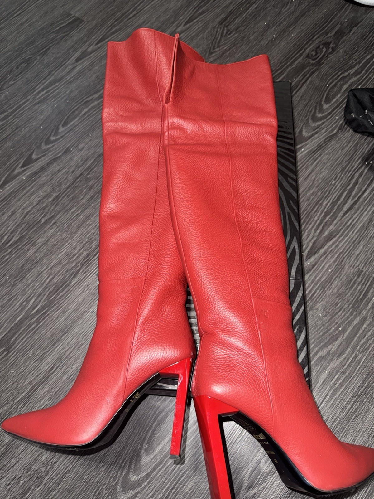 Just Cavalli Red Leather Knee High Pointed Toe Zip Stiletto Boots EU40