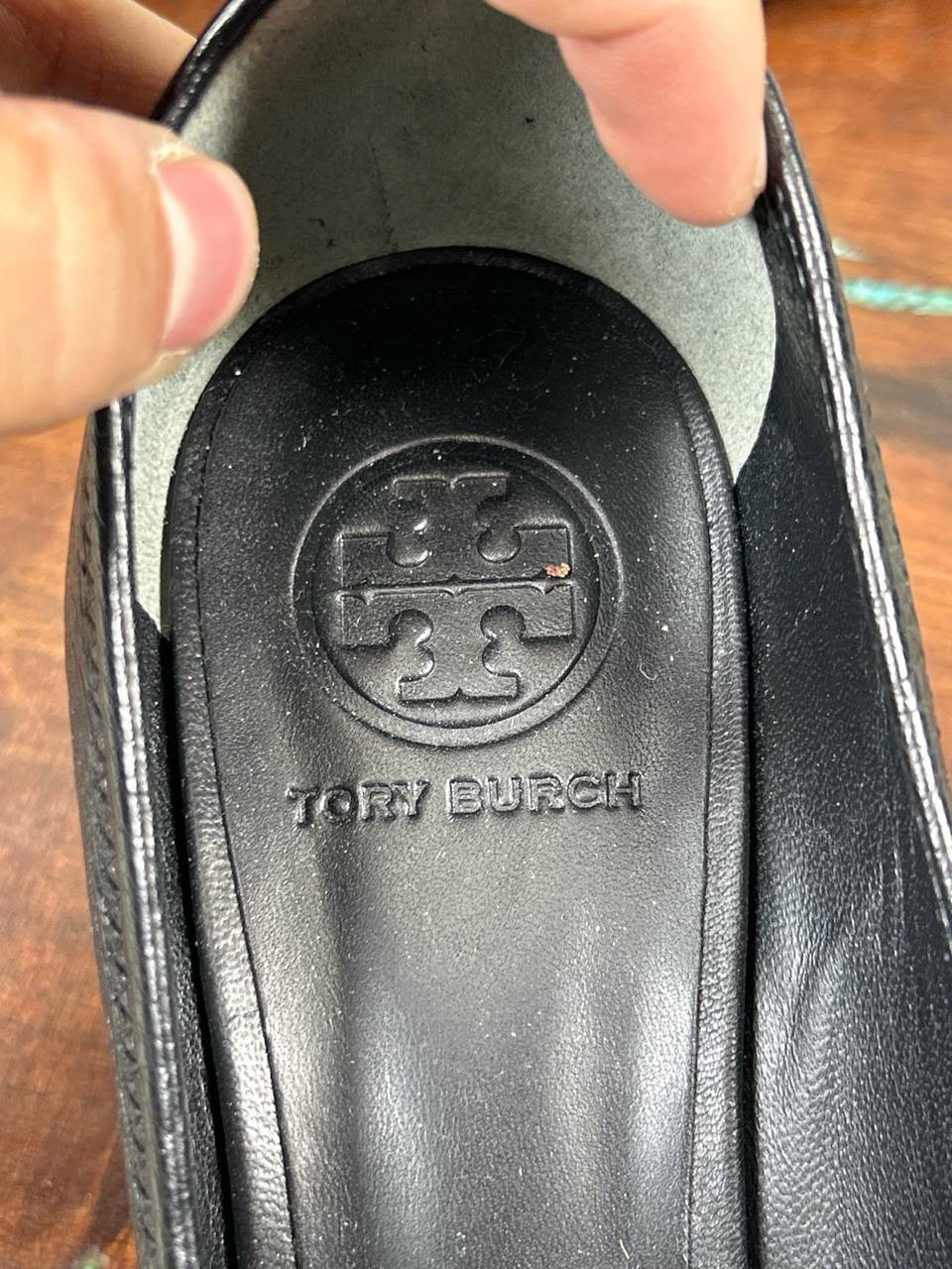 Tory Burch Heels Womens Size 7 M Sally Wedge Pump Black Leather Peep Toe Slip On