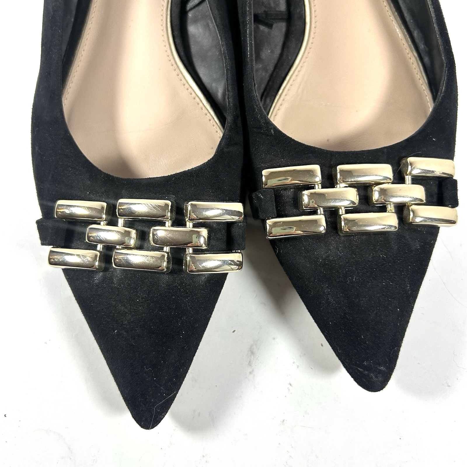 ZARA Black Suede Pointed Toe Flats with Gold LInk Chain & Gold Rimmed Heel
