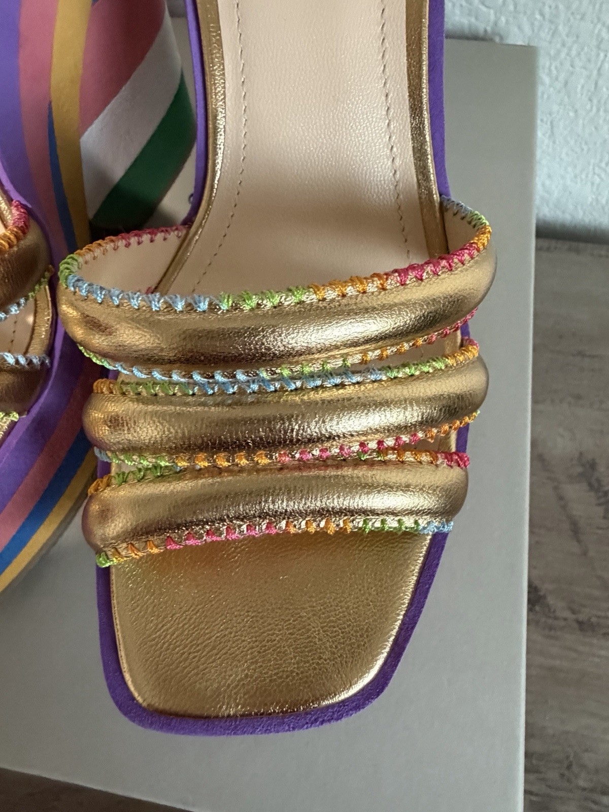 Dee Ocleppo Multicolor/Gold Striped Leather Platform Sandals Ankle Strap 6