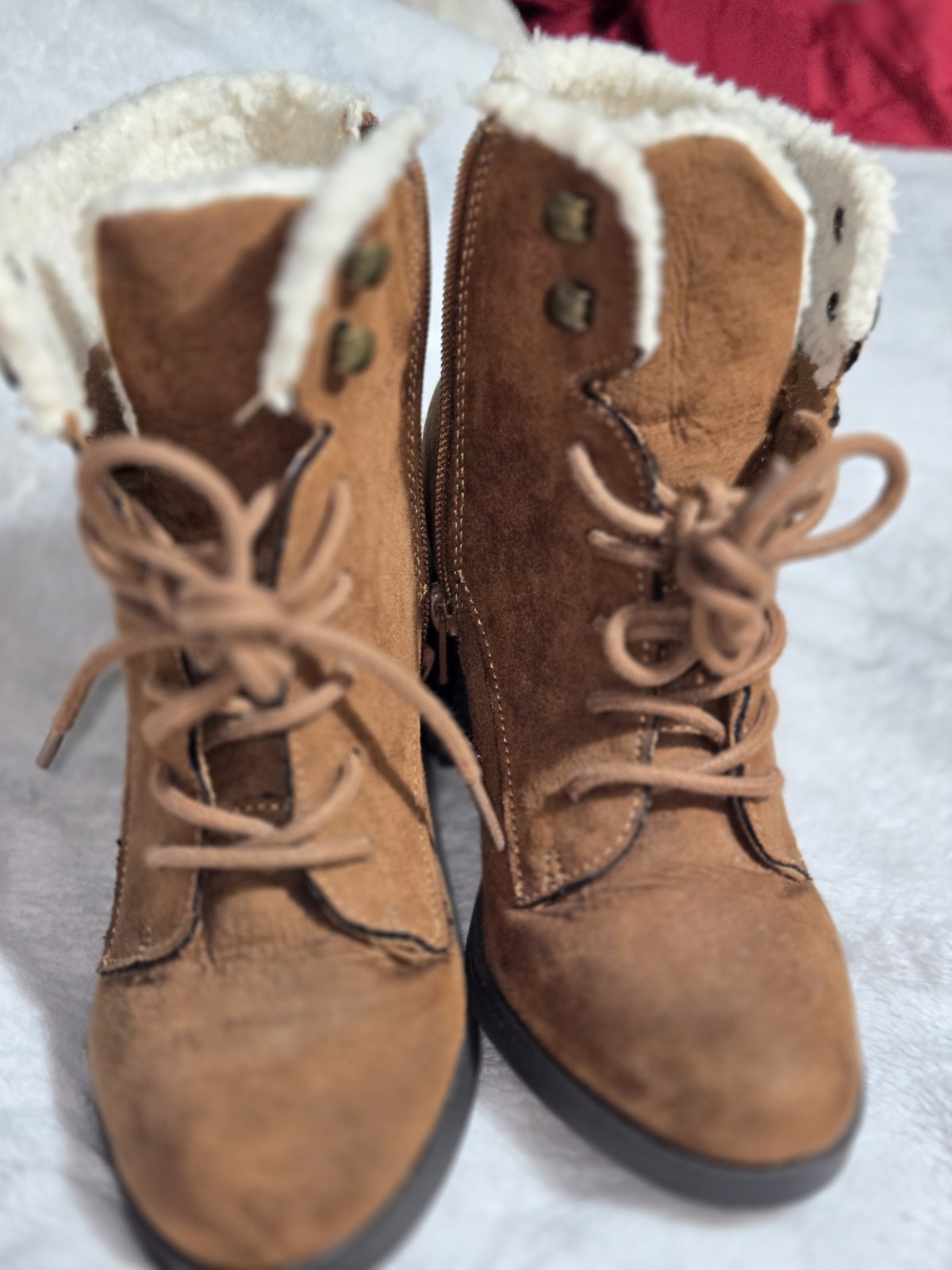 Me Too Brown Ankle Bootie Faux Fur Lined Lace-Up Side Zip Buckle Round Toe 6