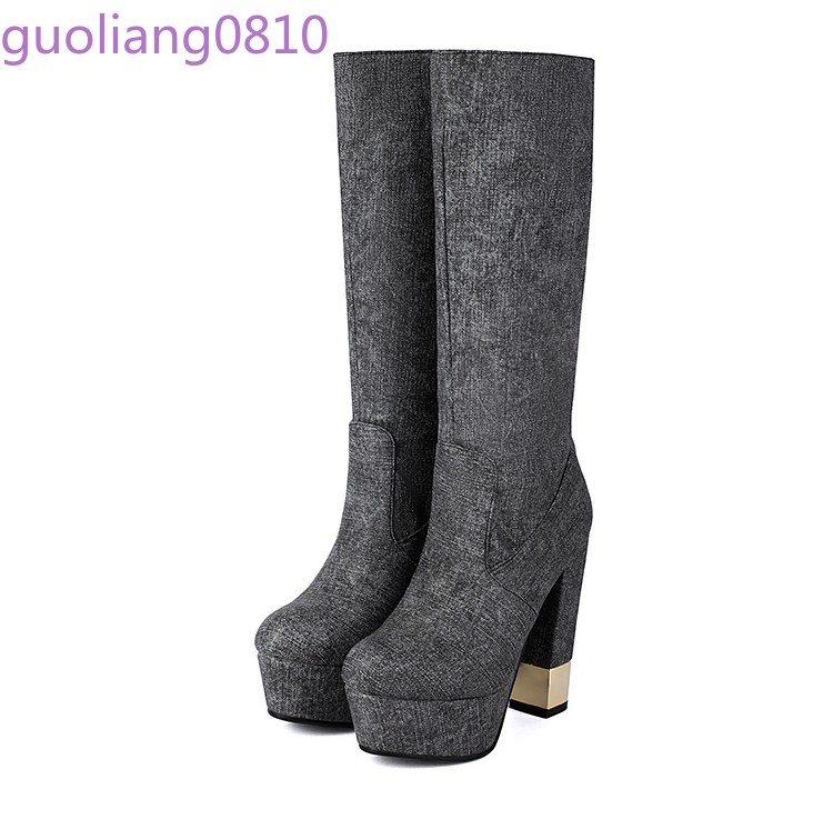 Women’s Faux Leather Mid Calf Boots Slip On Shoes Round Toe Block Heel Platform