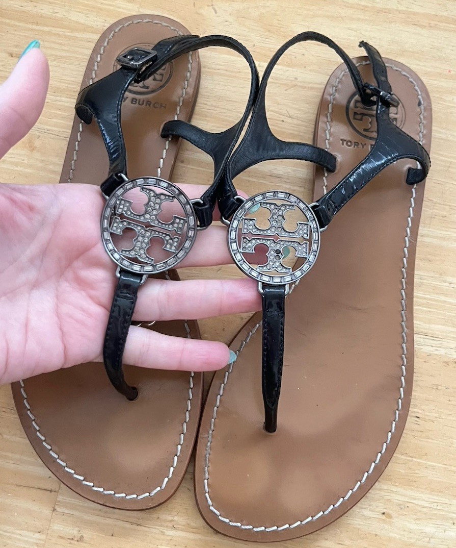 Tory Burch Violet T-Strap Black Patent Leather Pave Crystal Logo Flat Sandals-7