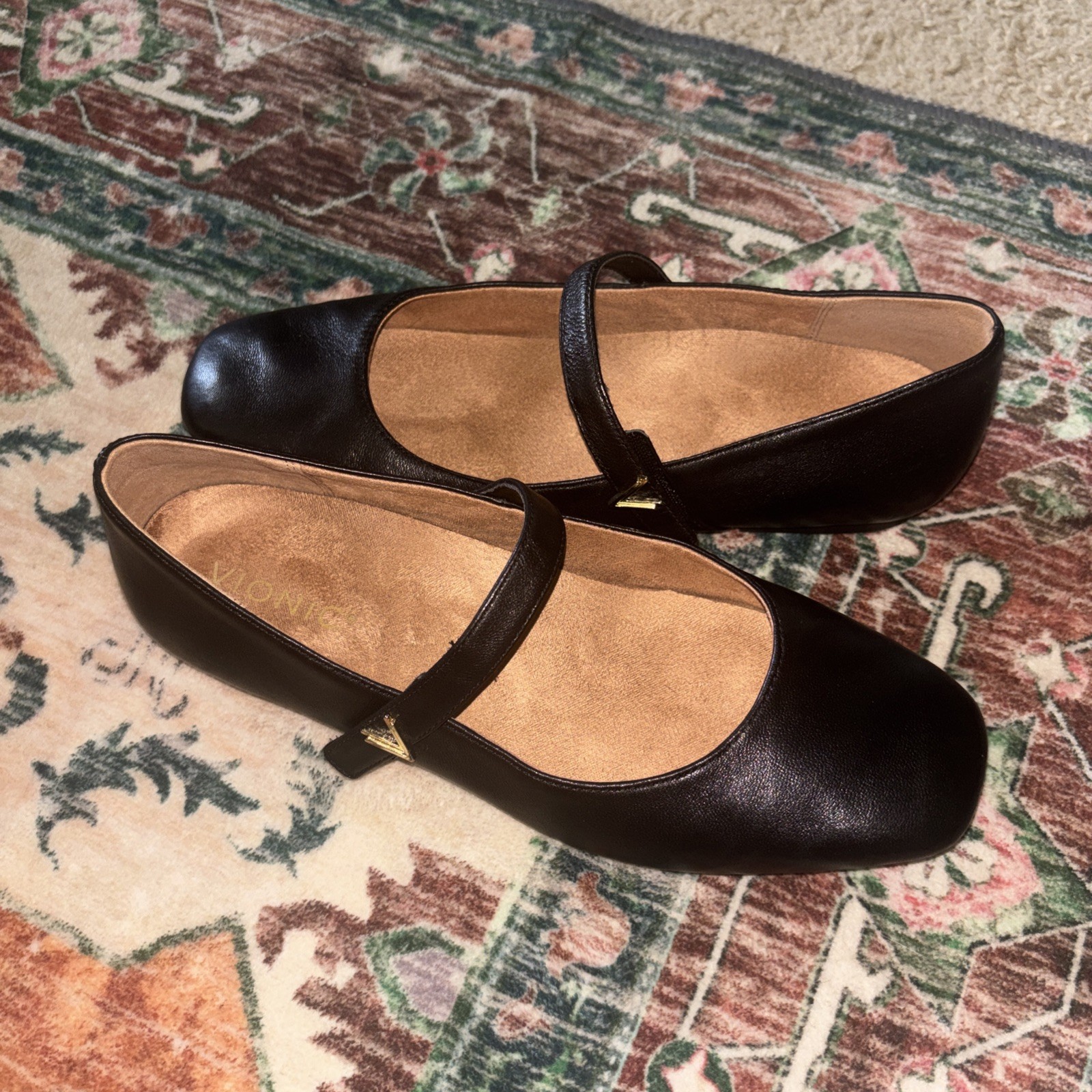 Vionic Alameda Mary Janes Womens Size 8.5 Black Leather Square Casual Toe Flats