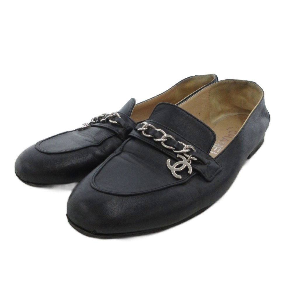 CHANEL Chain Loafers Slip-On Coco Mark Charm Leather Black Women’s EU36.5/US6