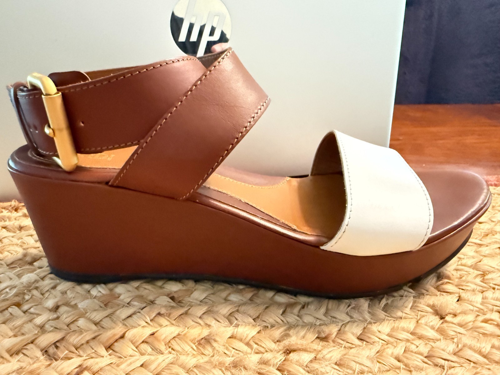 FENDI Two-tone Brown White Leather Platform Wedge Sandals Designer Clean 9/39