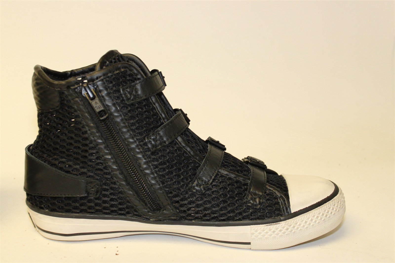ASH Vanessa High Top Sneaker Women Size 7 38 Black Mesh Buckled Fashion Shoes