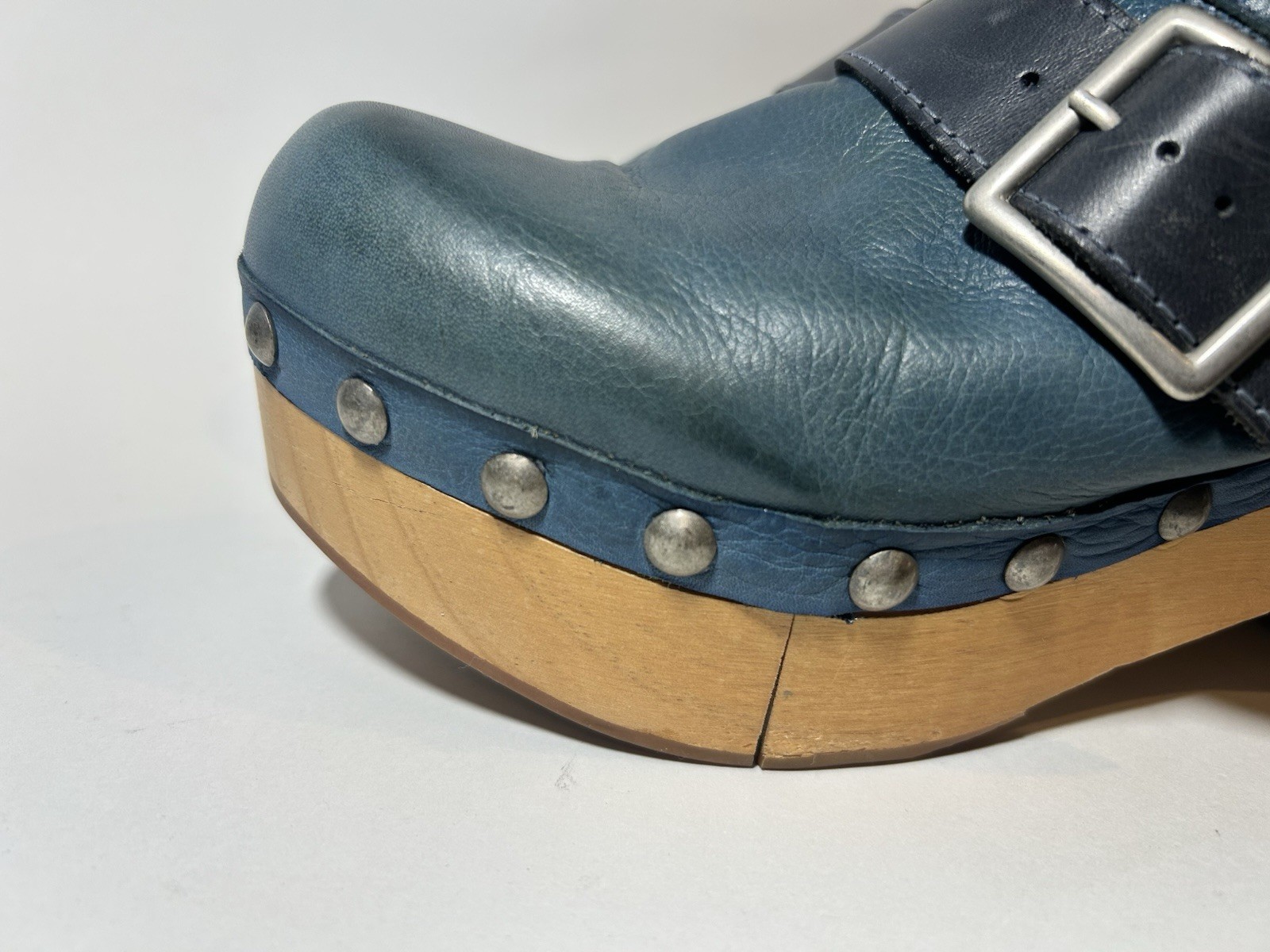 Free People Culver City Clogs Teal Blue Leather Wood Platform Buckle Studded 9