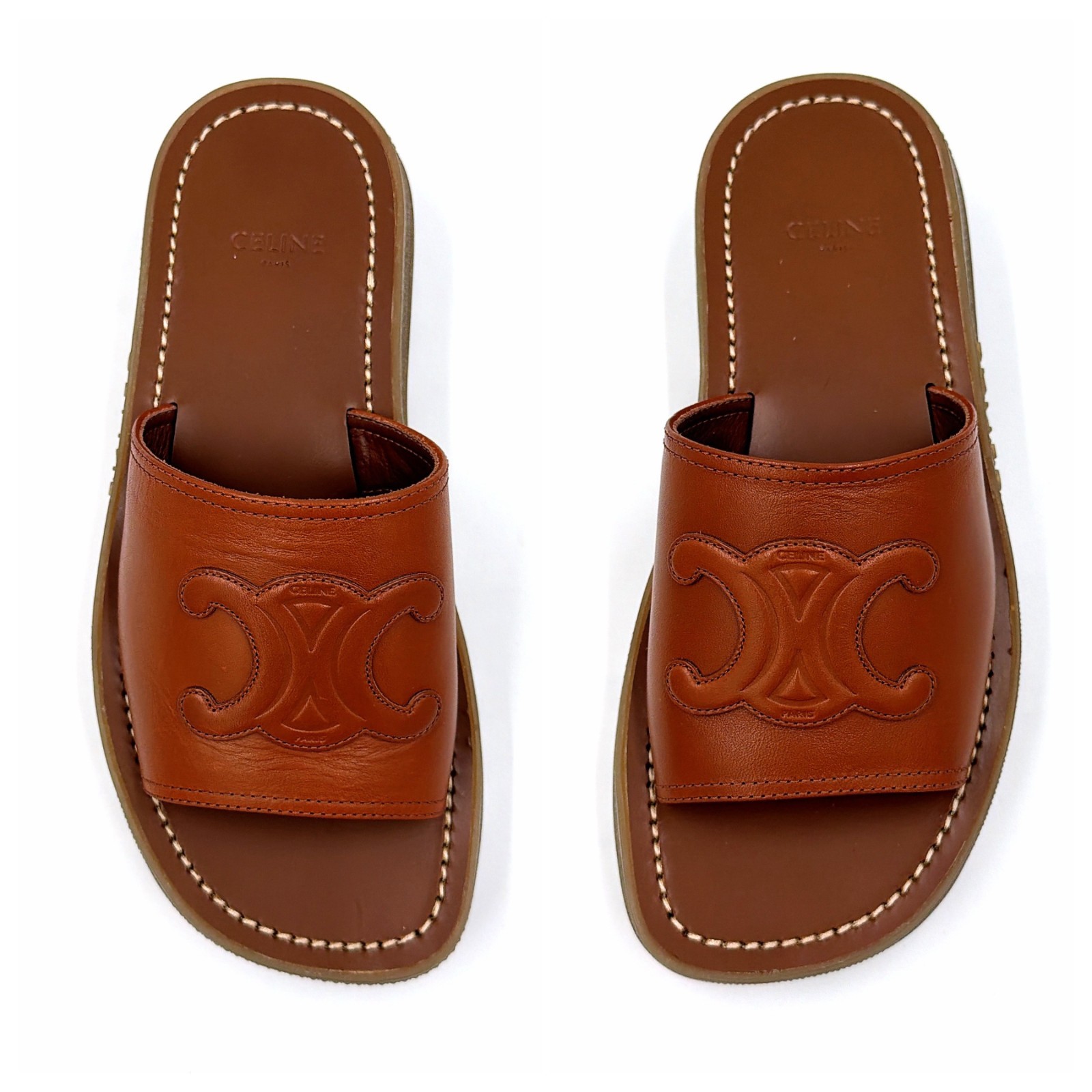 Celine Triomphe Claire Leather Slide Sandals Brown EU 34 Logo Embossed Italy