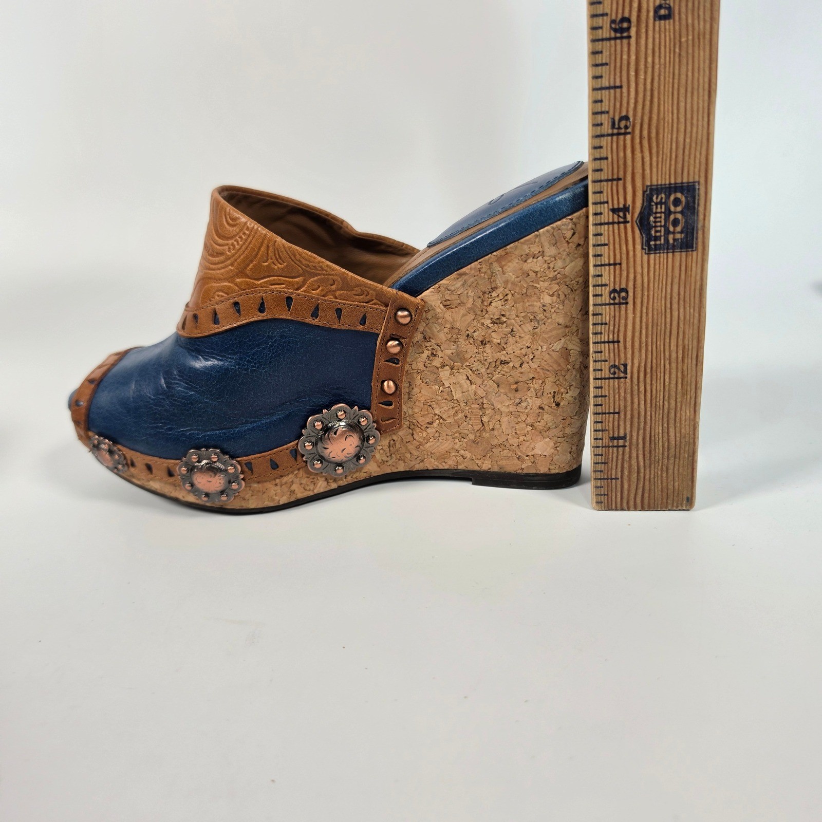 Y2K Saddle Up Wedge Mule Sandals Women’s 6 Blue Cork Western Concho