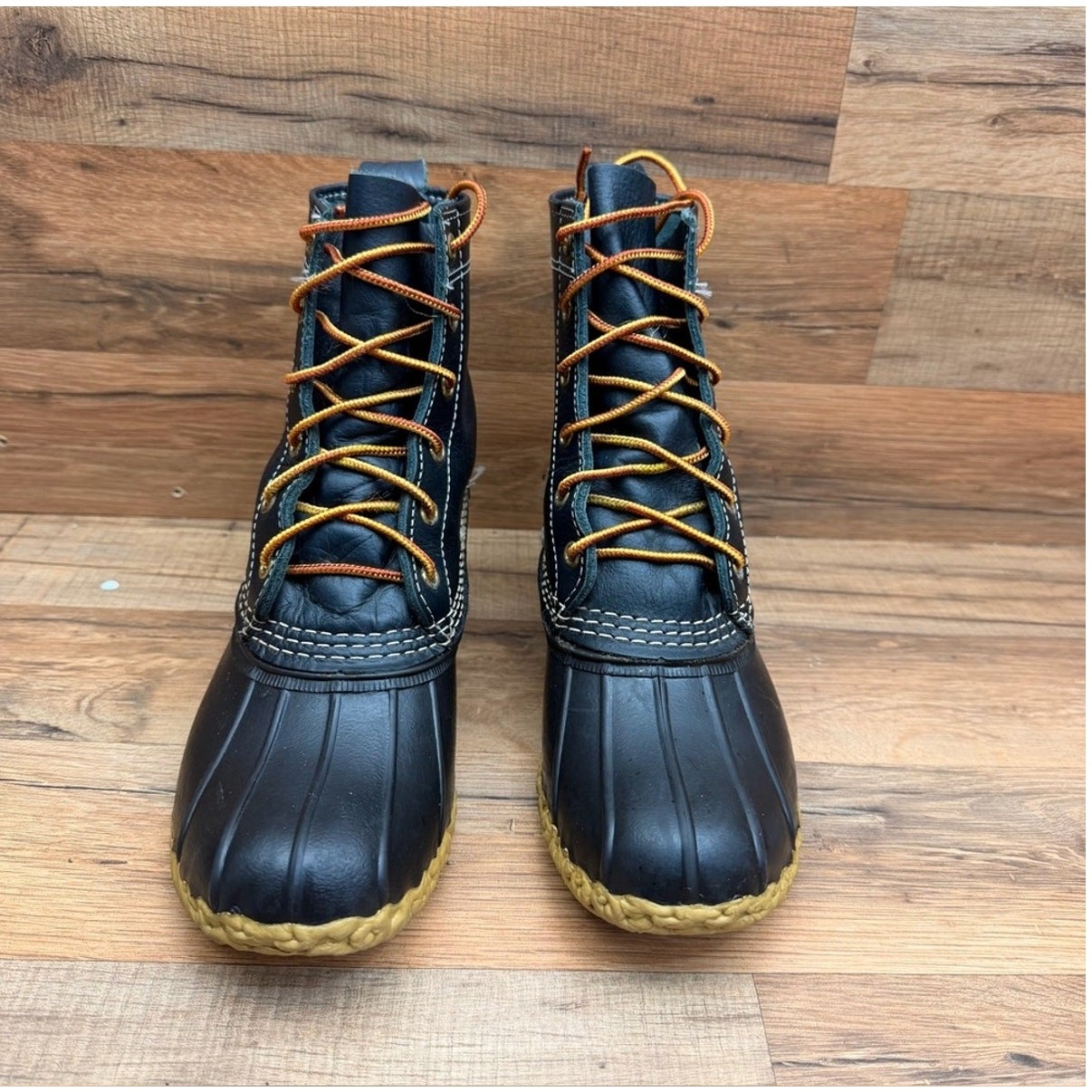 LL Bean women size 6 Black Duck Boots with Tan Trim and Laces