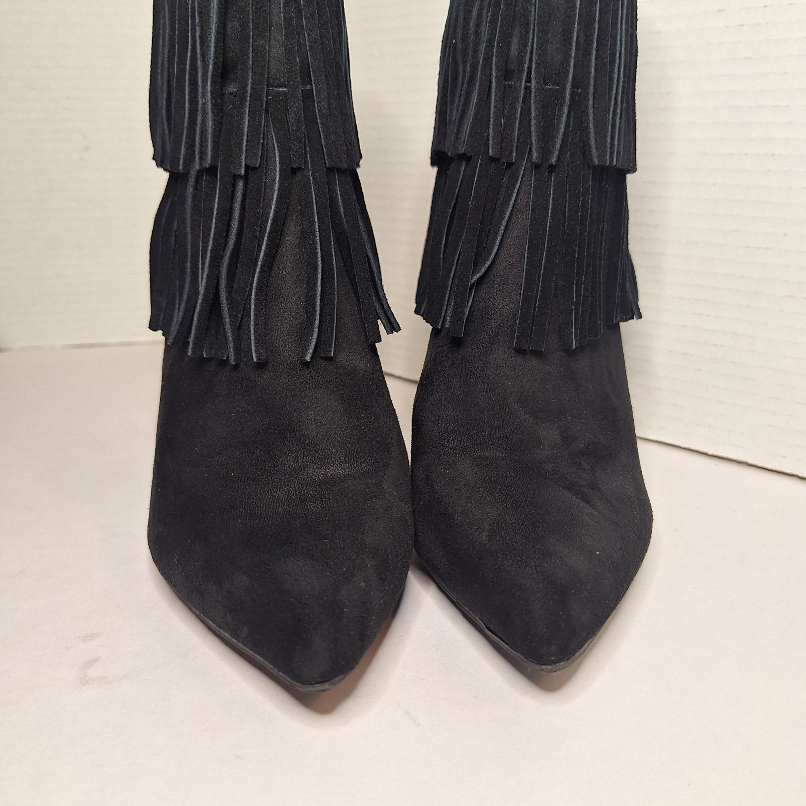 Just fab Ameelia Fringe Ankle Boots Black Size 10 Faux Suede Heel Zip Booties