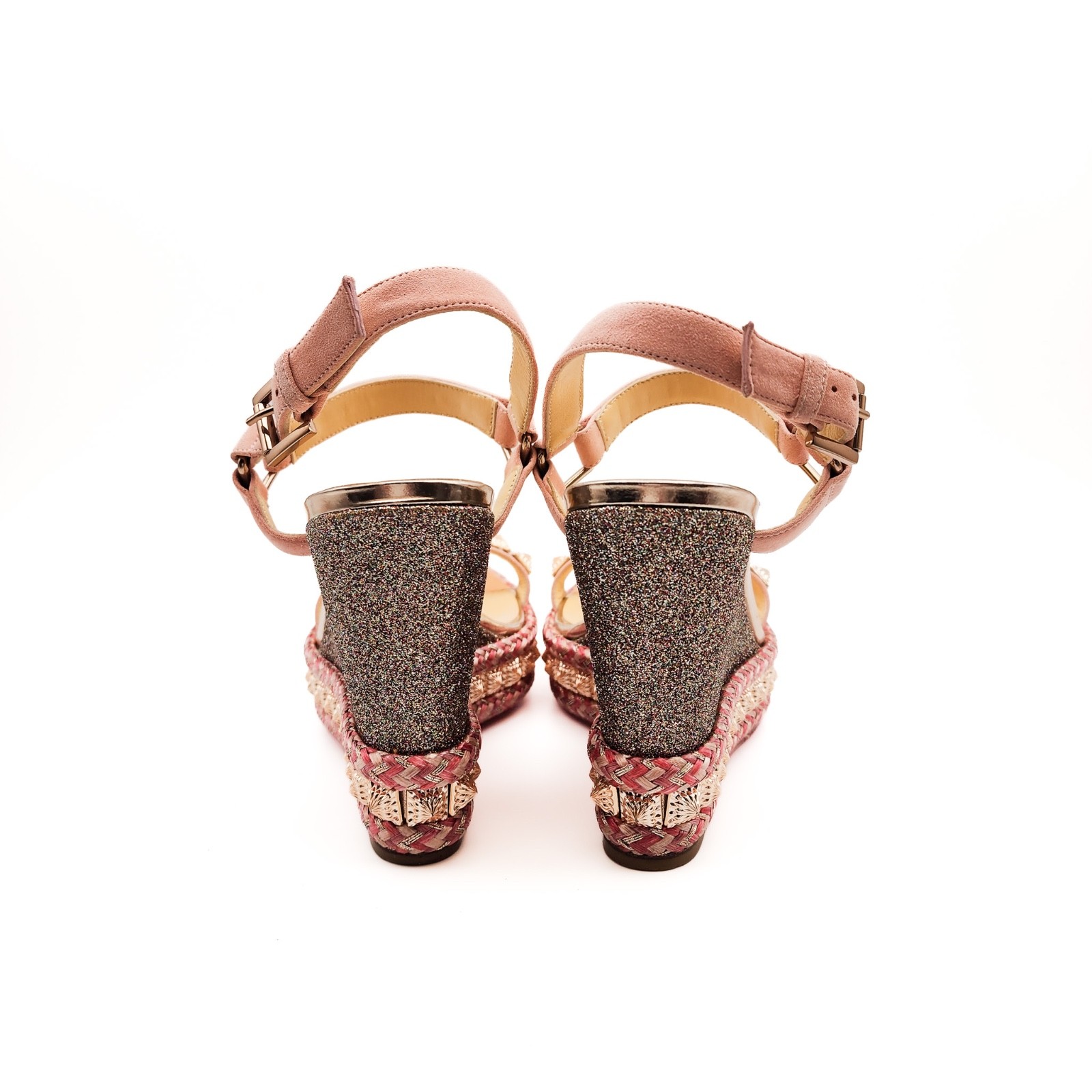 Christian Louboutin Pink Rose Gold Glitter Espadrille Platform Sandals EU 36