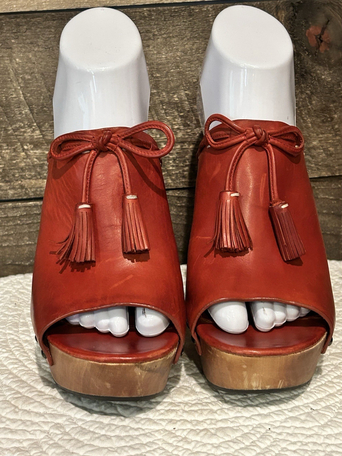 90s Platform Clog Mules Size 8 Via Spiga Red Leather Wood Studded Peep Toe 70s