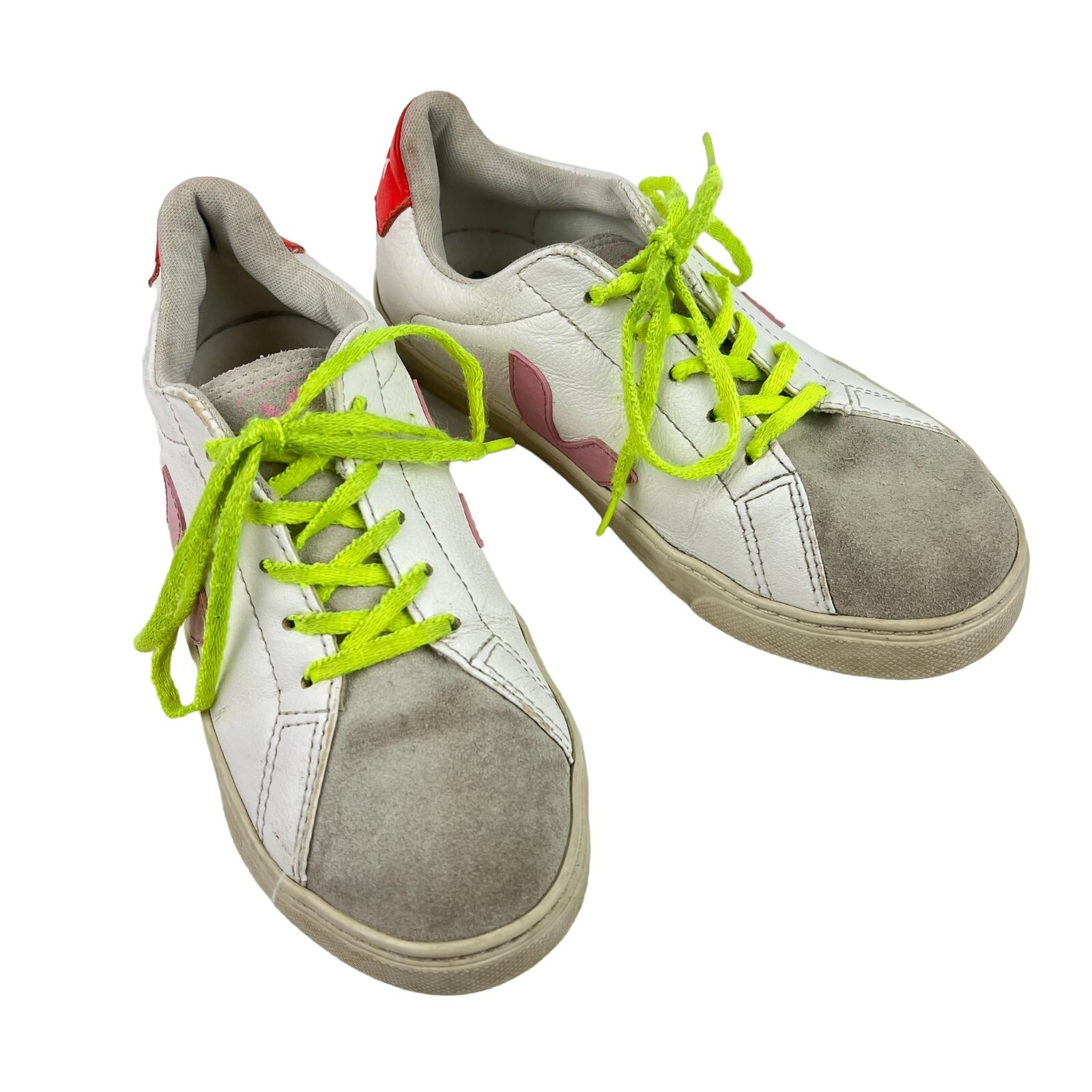 VEJA Women’s Leather Sneakers White Pink Red Neon Laces • Size US 4 | EU 35