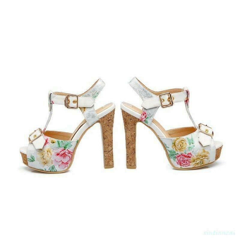 Women’s High Heels Peep Toe Sandals Party Casual Club Dress Floral Printed Shoes
