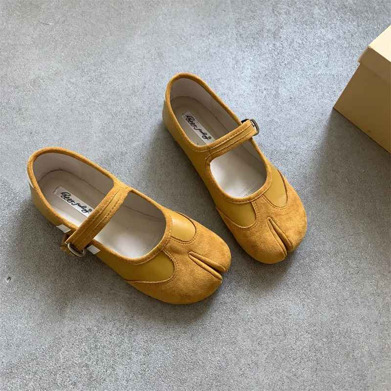 Flock&Leather Patchwork Tabis Shoes Woman Silver Flats Ninja Mary Janes Split To