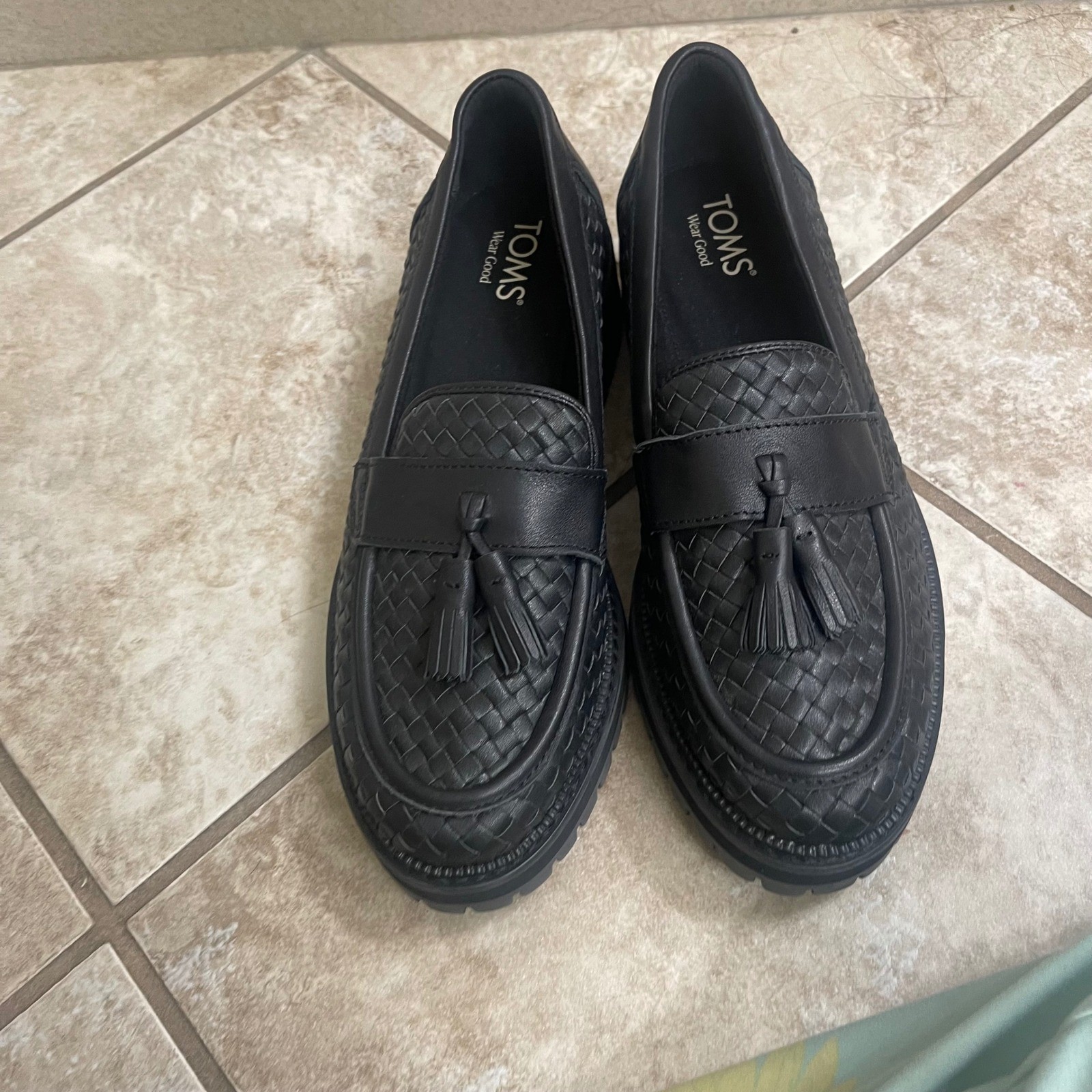 TOMS cara womens Black Woven Tassel Lug Loafers Chunky Platform Shoes Size 9